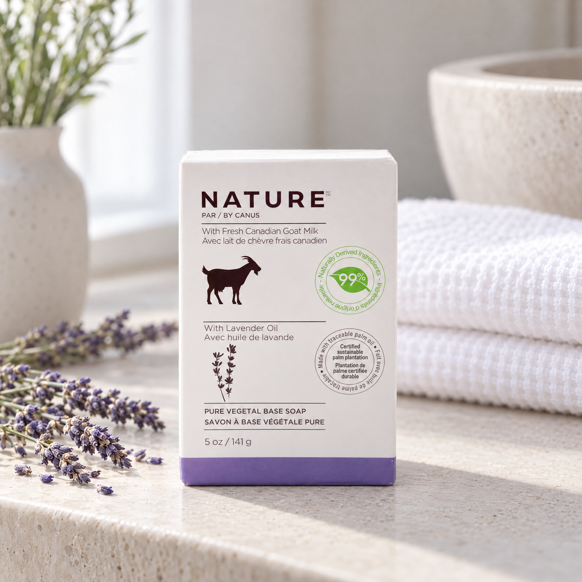 Pure vegetal base soap with fresh goat milk, Lavender Oil 141g – Nature by Canus, on a limestone bathroom ledge