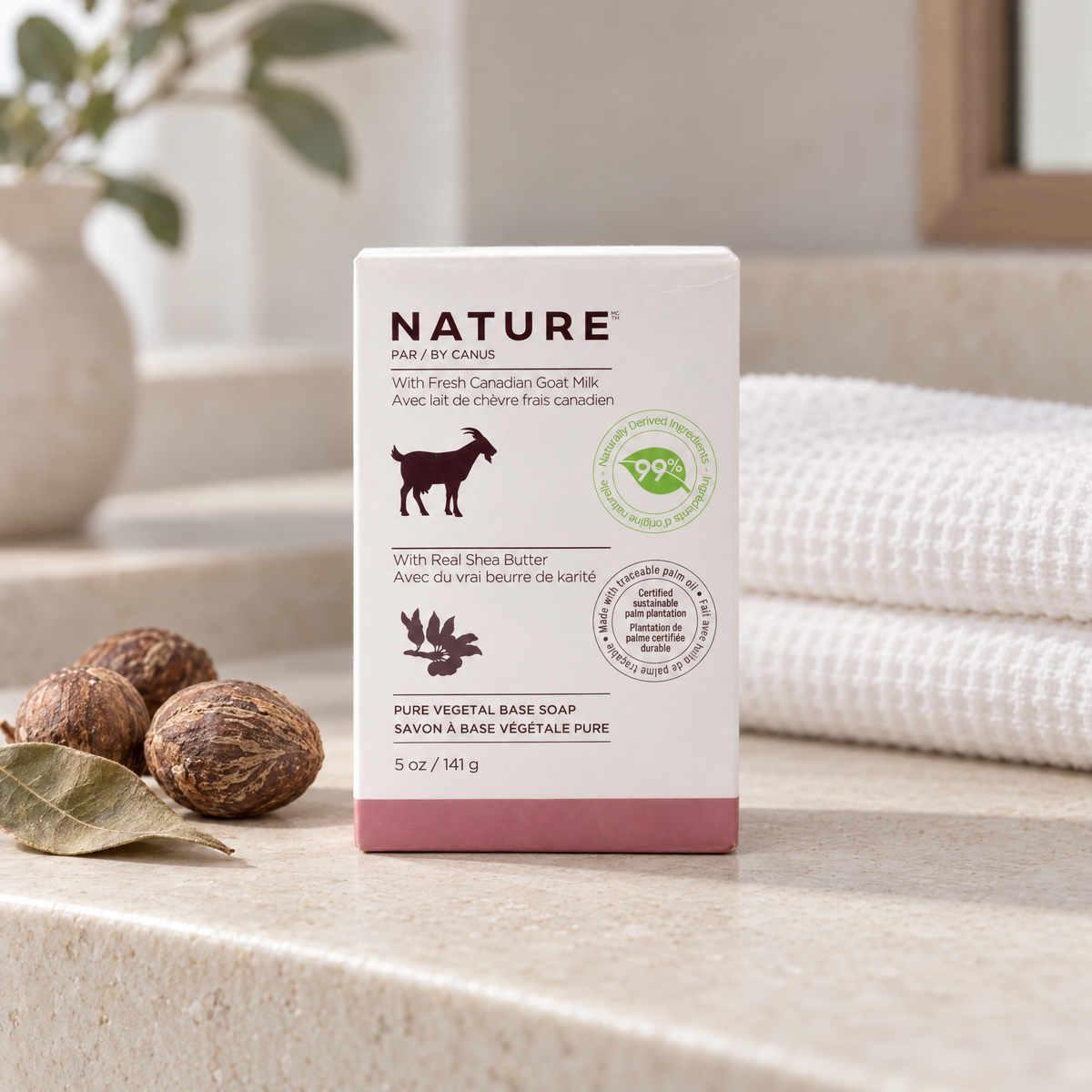 Pure vegetal base soap with fresh goat milk, Shea Butter 141g – Nature by Canus, on a limestone bathroom ledge
