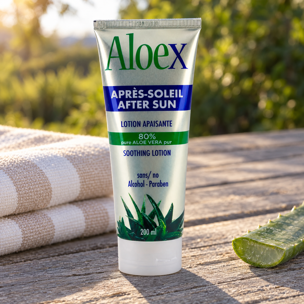 Aloex Aloe Vera After Sun Soothing Lotion 200ml on a sunlit wooden deck beside a folded beach towel and a fresh cut aloe vera leaf