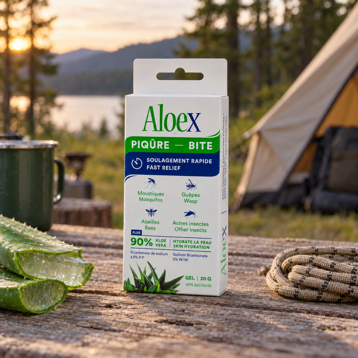 Aloex Aloe vera After Bite gel 20g carton on a wooden picnic table at a quiet campsite beside a cut aloe vera leaf