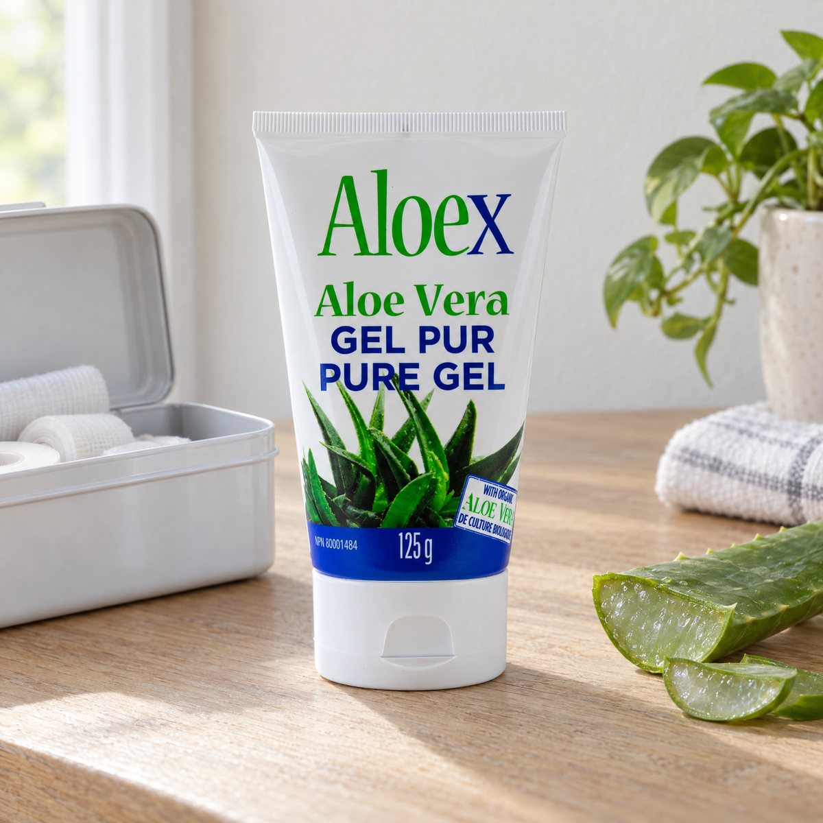 Aloex Aloe Vera pure topical gel 125g on a light oak table beside an open first-aid tin and a cut aloe vera leaf