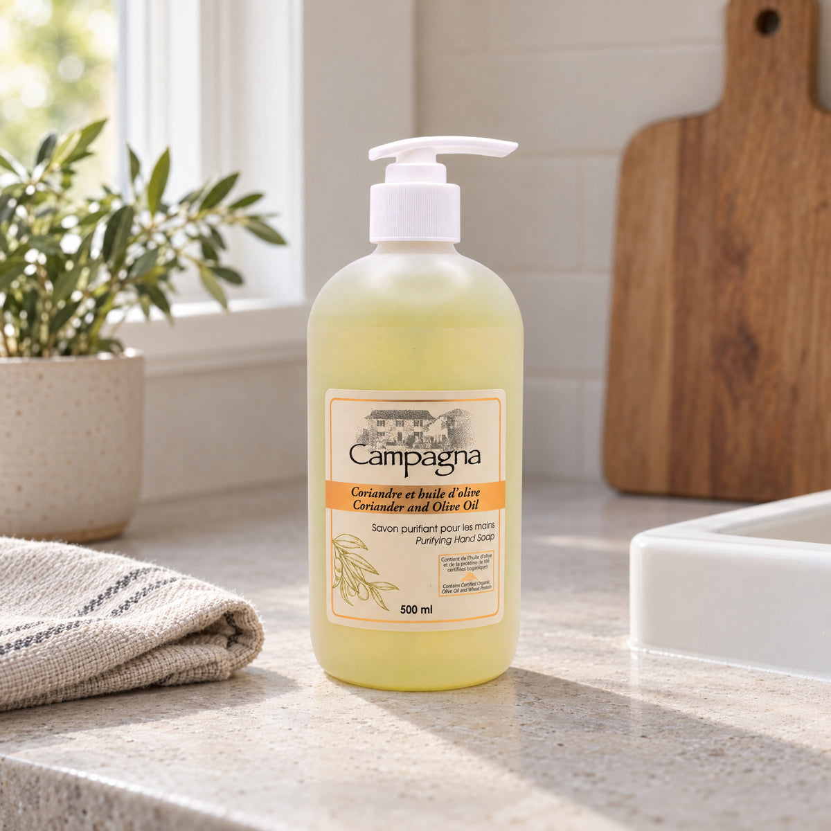 Purifying Hand Soap, Coriander and Olive Oil 500ml – Campagna – lifestyle, kitchen counter