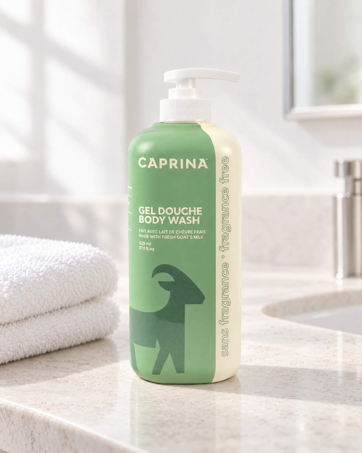 Gel douche Caprina au lait de chèvre sans parfum dans un décor épuré | Caprina Fragrance Free body wash