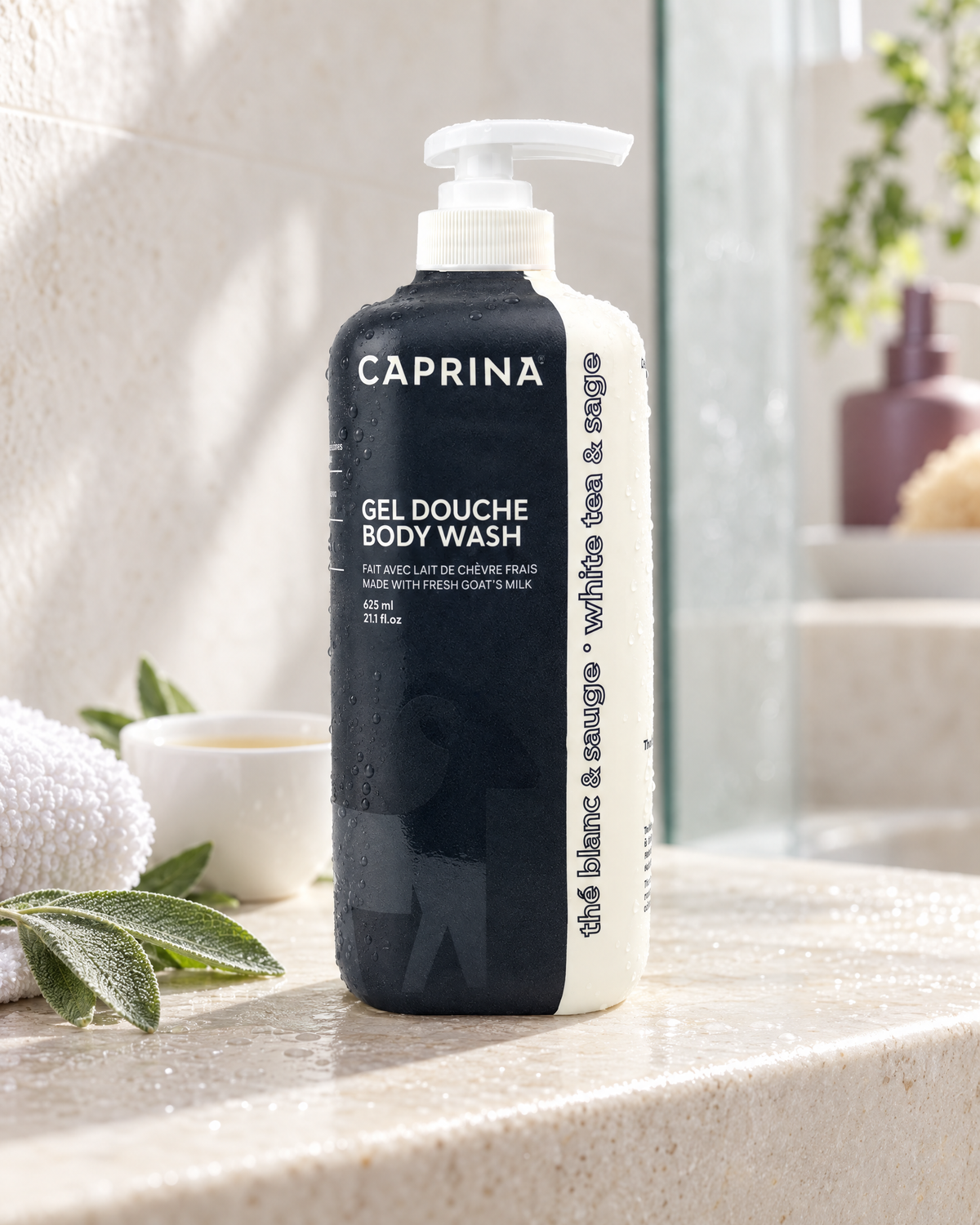 Gel douche Caprina au thé blanc et à la sauge avec feuilles de sauge | Caprina White Tea and Sage body wash