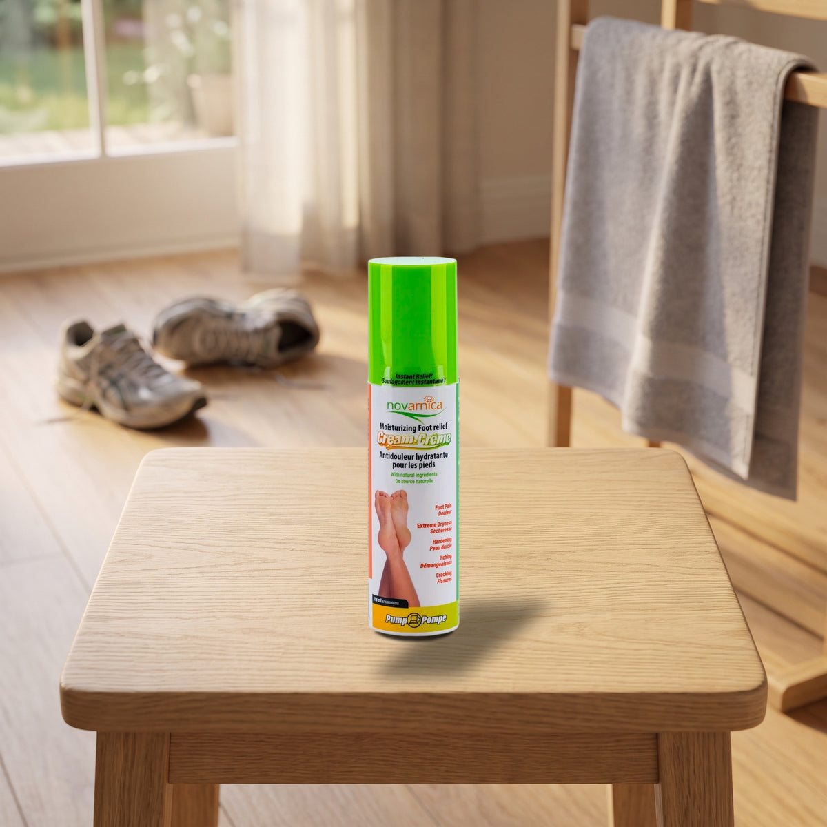 Novarnica moisturizing foot relief cream 118 ml on a stool in a post-run recovery corner