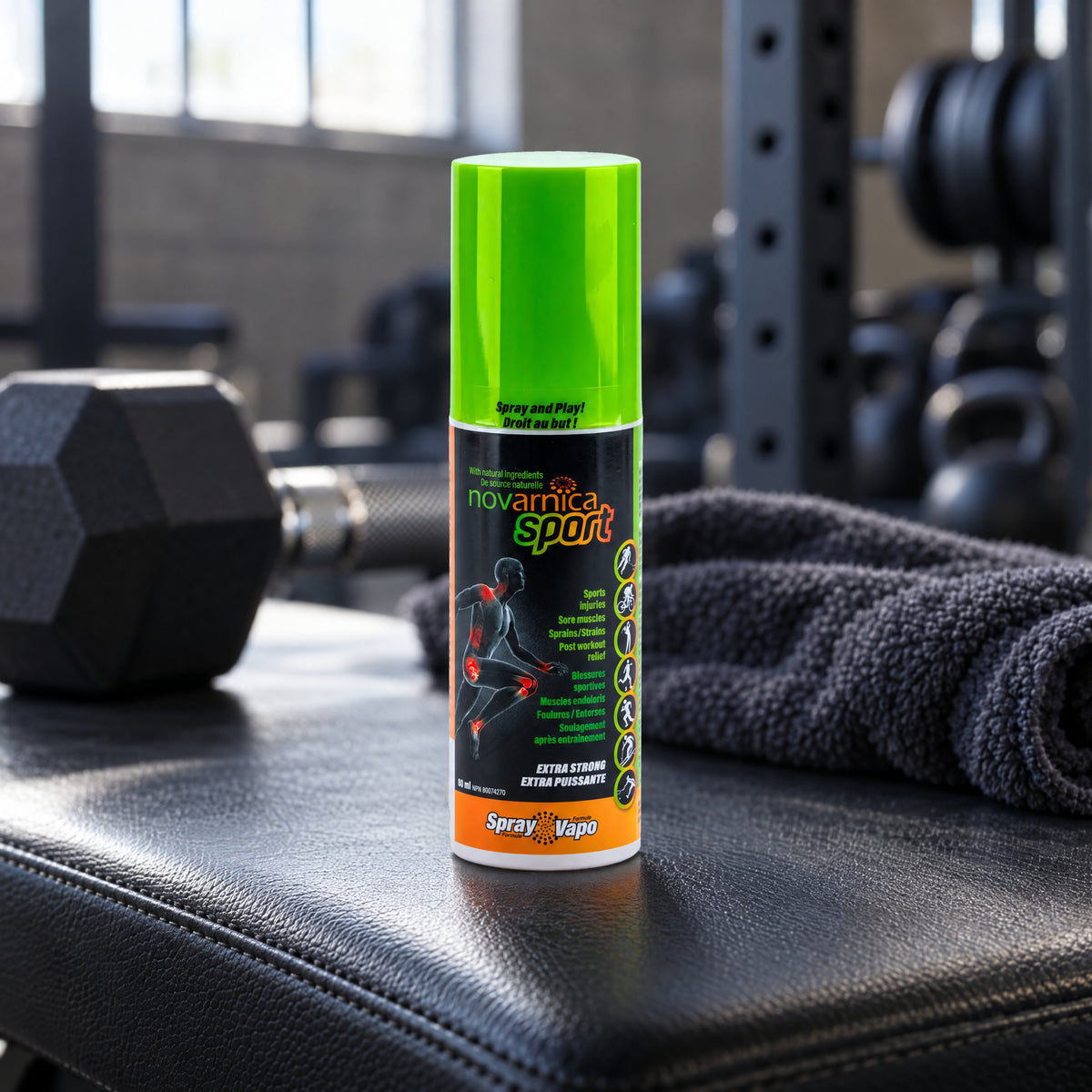Novarnica sport pain relief spray 80 ml on a weight bench in a strength training gym